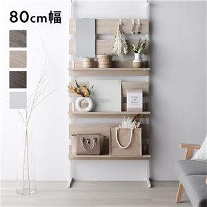 突っ張り ウォールラック 〔 80cm幅 ナチュラル×ホワイト 〕 ミラー付き 壁面収納 棚 賃貸OK ウォールラック 組立品